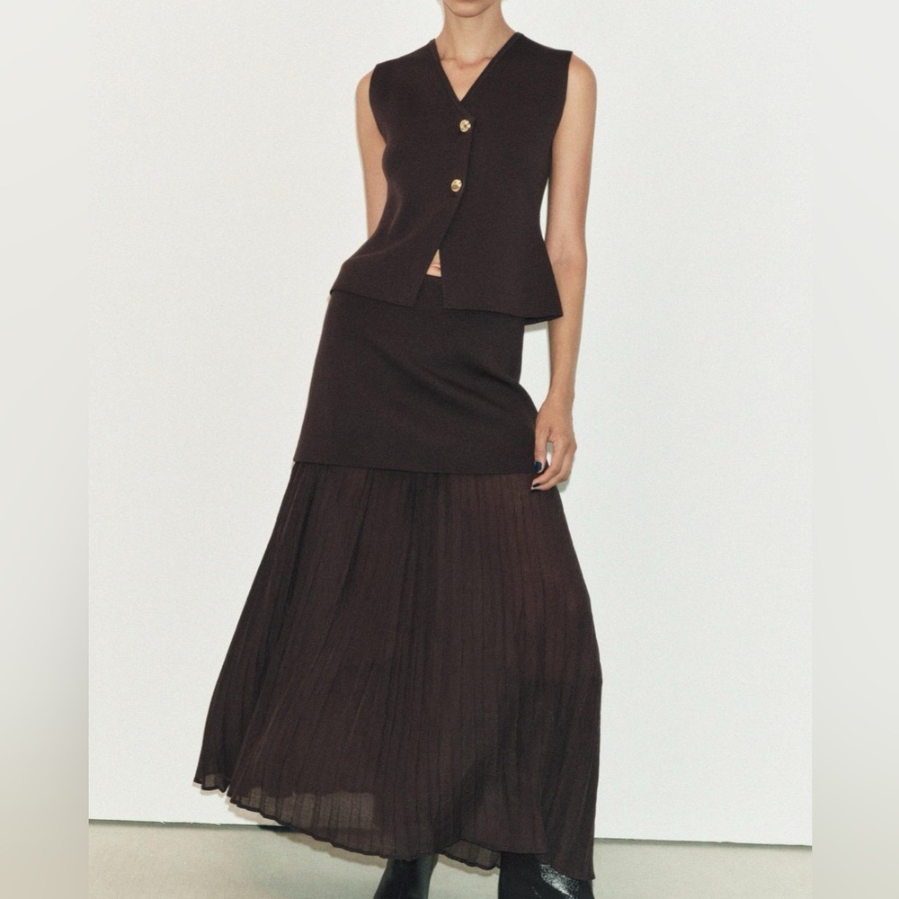 Zara Mixed Pleated Knit Skirt Brown M